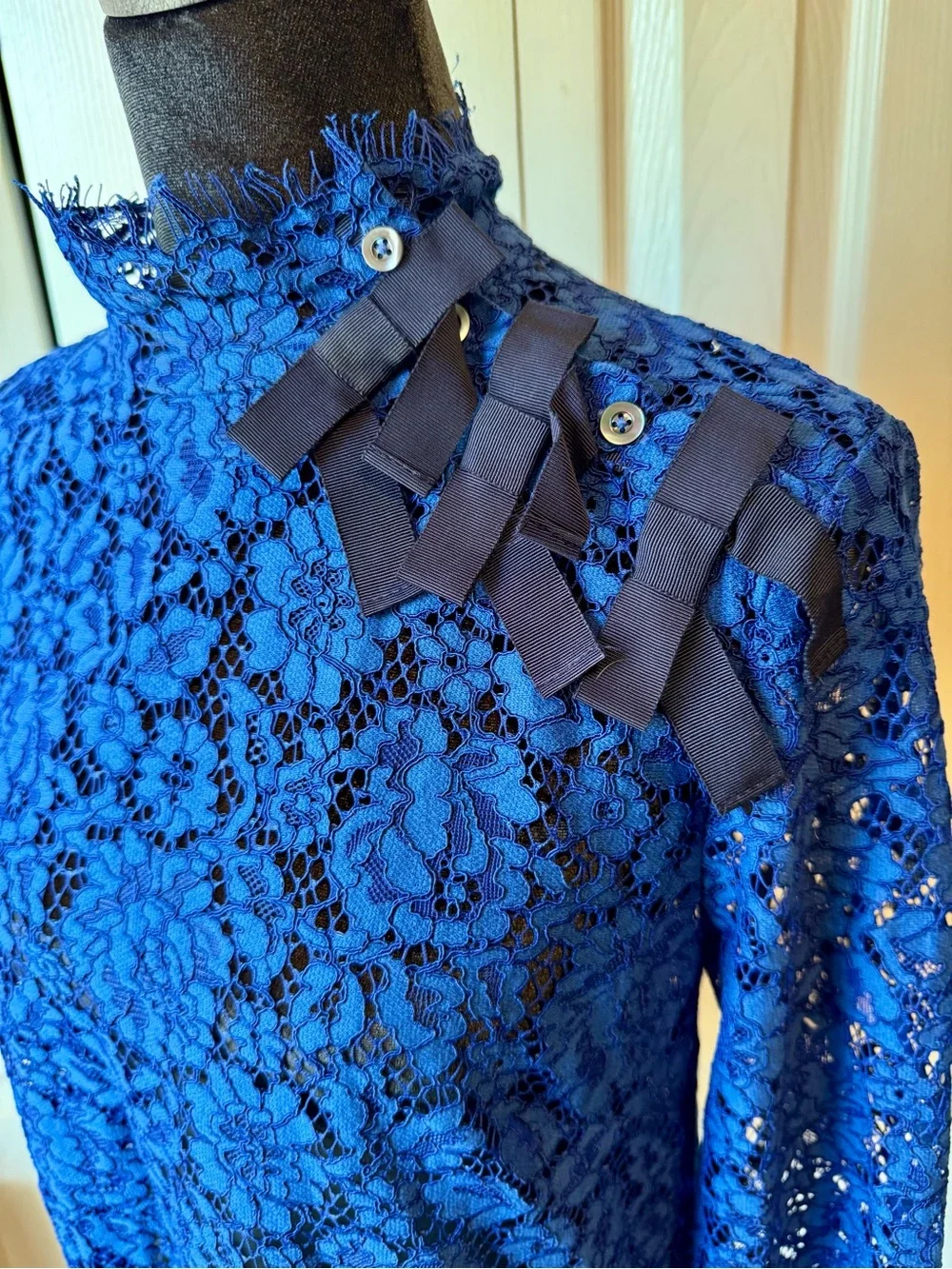 J. Crew Lace High-Neck Blouse with Shoulder Ribbon Detail
